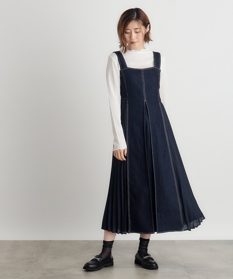 デニムサイドプリーツジャンドレ(マキシ・ロングワンピース デニムサイドプリーツジャンドレ(マキシ・ロングワンピース