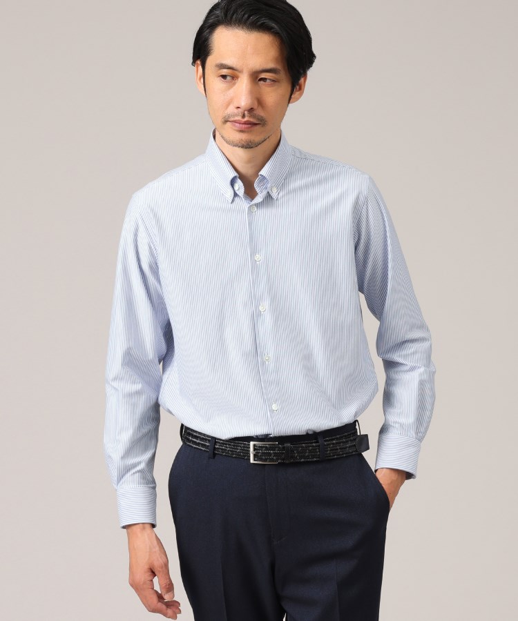 タケオキクチ(TAKEO KIKUCHI)の【ON/OFF兼用】日本製 オックス ストライプ ボタンダウンシャツ ブルー(392)