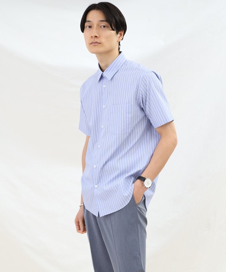 タケオキクチ(TAKEO KIKUCHI)のカラー ハケメ ストライプ 半袖シャツ ライトブルー(391)