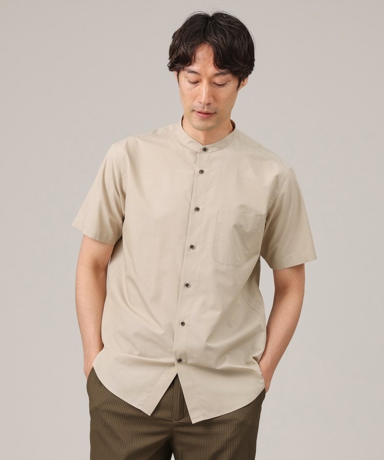 タケオキクチ(TAKEO KIKUCHI)のコットン セルロース バンドカラー 半袖シャツ ピンクベージュ(053)