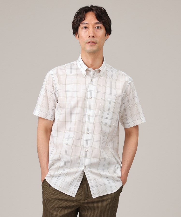 タケオキクチ(TAKEO KIKUCHI)のコットン セルロース チェック 半袖シャツ ライトベージュ(251)