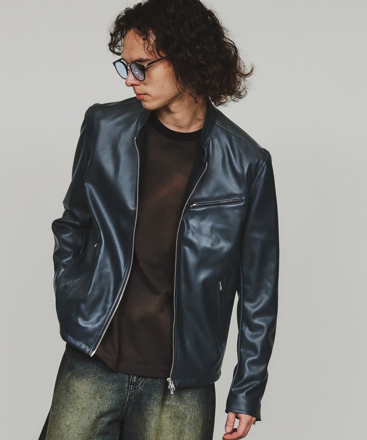 WEB限定】シンセティックレザーシングルライダースジャケット WEB限定】シンセティックレザーシングルライダースジャケット