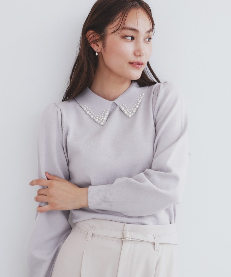 美人百花掲載》ビジュー衿付きパフスリーブニット【洗濯機洗い可 美人百花掲載》ビジュー衿付きパフスリーブニット【洗濯機洗い可