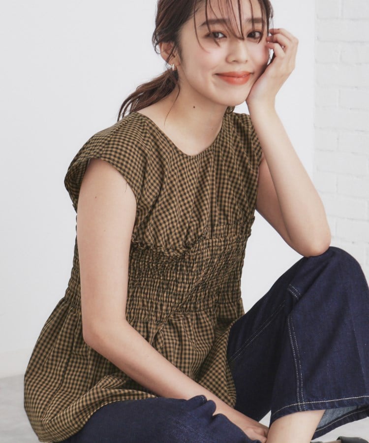 インデックス(index)のチェック柄シャーリングペプラムブラウス【洗える】 モカブラウン(242)