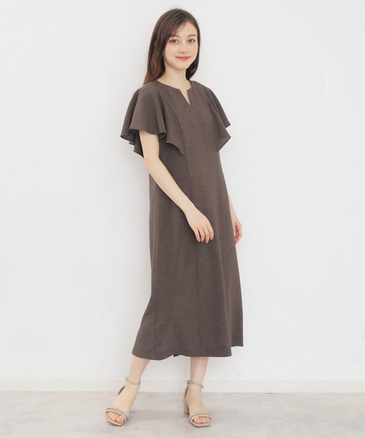 リネンタッチ フレアスリーブワンピース【防シワ/接触冷感/洗濯 リネンタッチ フレアスリーブワンピース【防シワ/接触冷感/洗濯