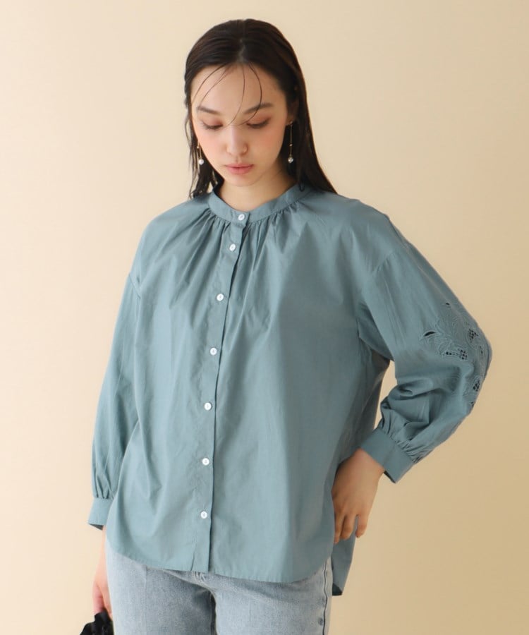 コットンレーススリーブバンドカラーシャツ【手洗い可】(シャツ コットンレーススリーブバンドカラーシャツ【手洗い可】(シャツ