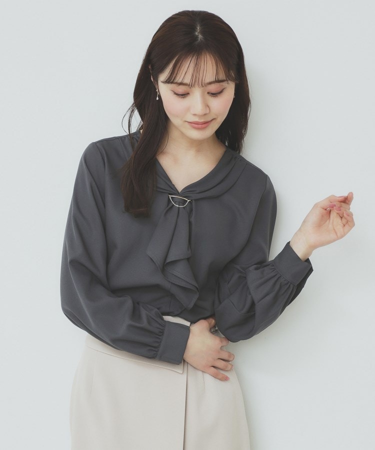ストレッチラッフルボウタイブラウス【洗濯機洗い可/防シワ ストレッチラッフルボウタイブラウス【洗濯機洗い可/防シワ