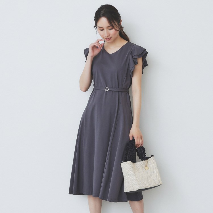 インデックス(index)の《5色展開/S-LLサイズ》シルケットVネックフレアワンピース【接触冷感/UVケア/洗濯機洗い可】 ミドルワンピース