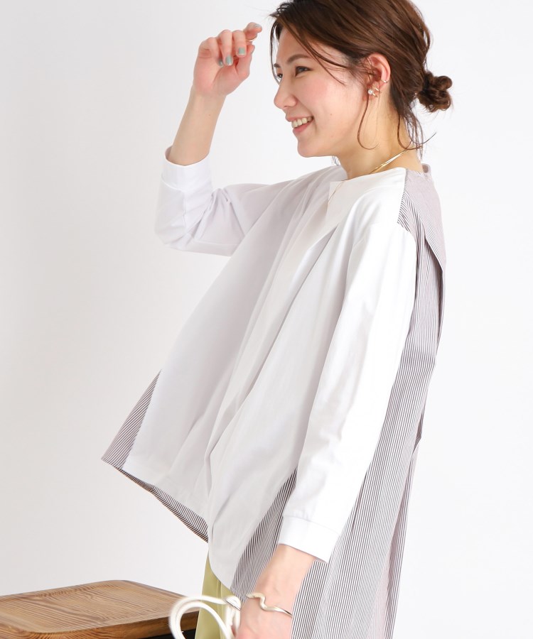 シューラルー(SHOO・LA・RUE)のさらっと着やすい異素材切替トップス ホワイト(002)