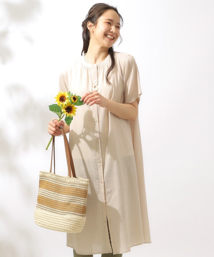 シューラルー(SHOO・LA・RUE)の【洗える】ふんわり さらさら コットンシフォン シャツワンピース ピンクベージュ(053)