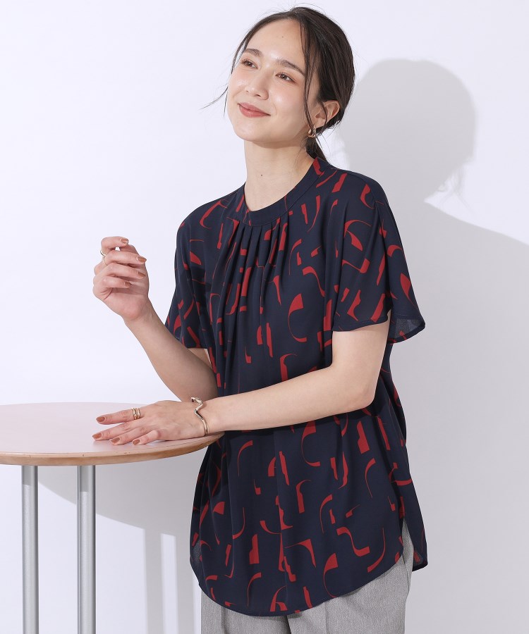 洗える】周りと差がつく プリントハイネックブラウス(シャツ 洗える】周りと差がつく プリントハイネックブラウス(シャツ