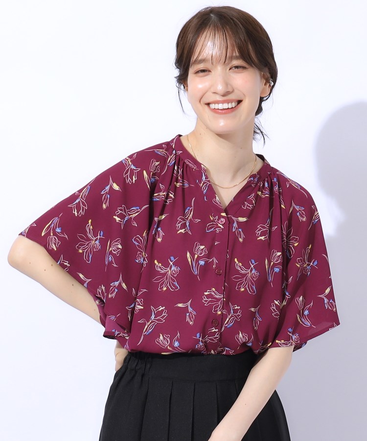 シューラルー(SHOO・LA・RUE)の【高レビュー/洗える】シンプルコーデに彩りを プリント前あきブラウス ピンク(774)