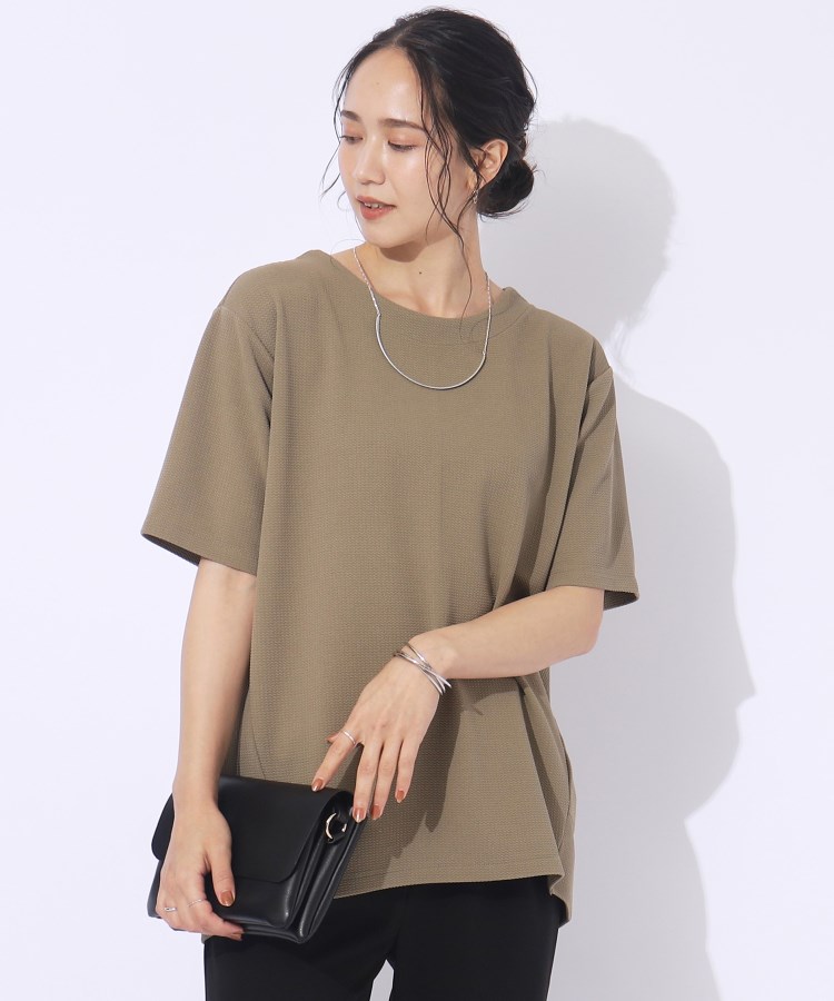 シューラルー(SHOO・LA・RUE)の【洗える/5分袖】すっきりきれいに魅せる ふくれジャカード コクーントップス カーキ(027)