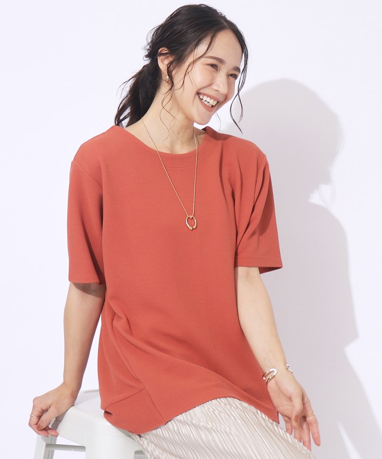 シューラルー(SHOO・LA・RUE)の【洗える/5分袖】すっきりきれいに魅せる ふくれジャカード コクーントップス オレンジ(067)