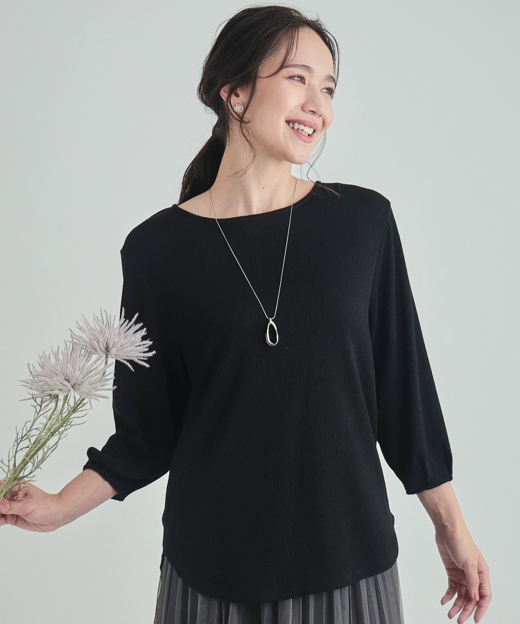 シューラルー(SHOO・LA・RUE)の【洗える/8分袖】二の腕カバー 楊柳パフスリーブトップス ブラック(019)