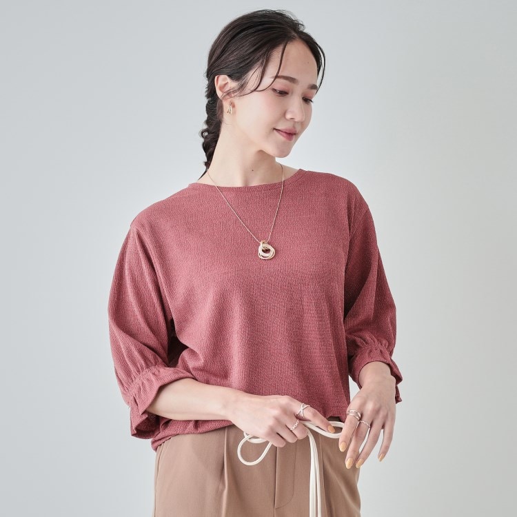 シューラルー(SHOO・LA・RUE)の【洗える/S-LL/5分袖】ぽこぽこラメ お袖フリルトップス カットソー