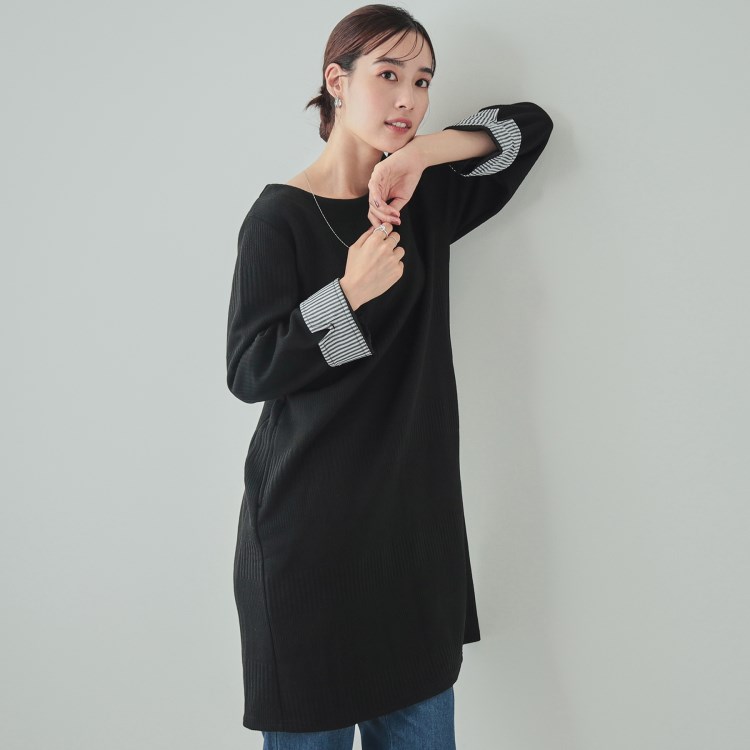 シューラルー(SHOO・LA・RUE)の【S-LL/体型カバー】お袖ストライプ Aライン チュニックワンピース チュニック