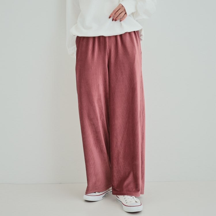 シューラルー(SHOO・LA・RUE)の【S-LL】上品な光沢感 ベロアリブイージーパンツ フルレングスパンツ