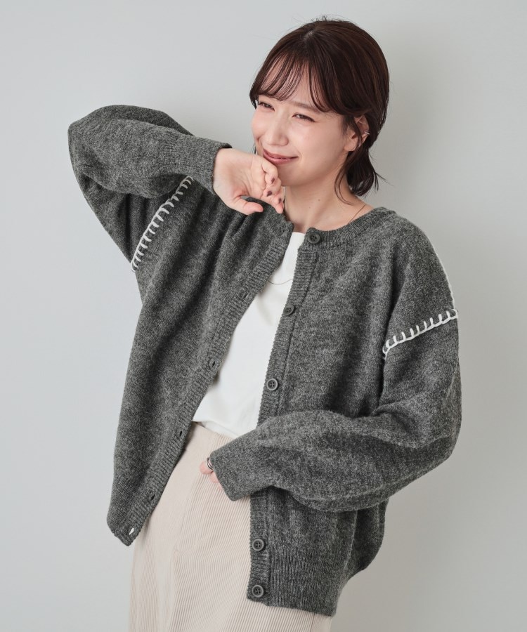 S-LL】配色ステッチ ふんわりクルーネックカーディガン S-LL】配色ステッチ ふんわりクルーネックカーディガン
