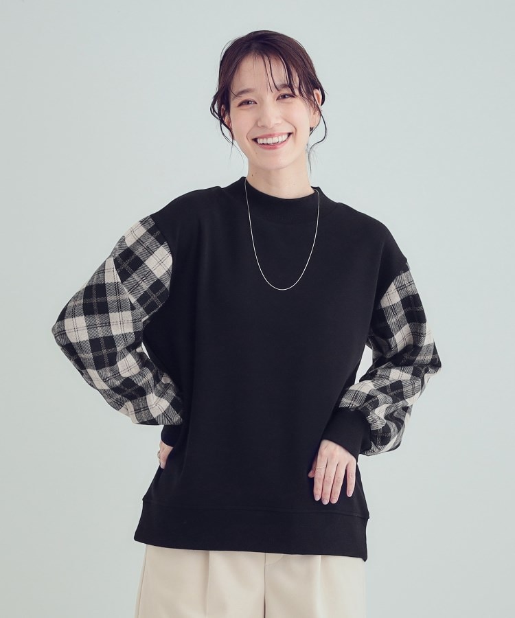 シューラルー(SHOO・LA・RUE)の【S-LL/洗える】裏起毛 お袖チェック切替トップス【SHOO WARM】1