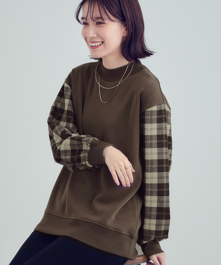 シューラルー(SHOO・LA・RUE)の【S-LL/洗える】裏起毛 お袖チェック切替トップス【SHOO WARM】 ブラウン(044)