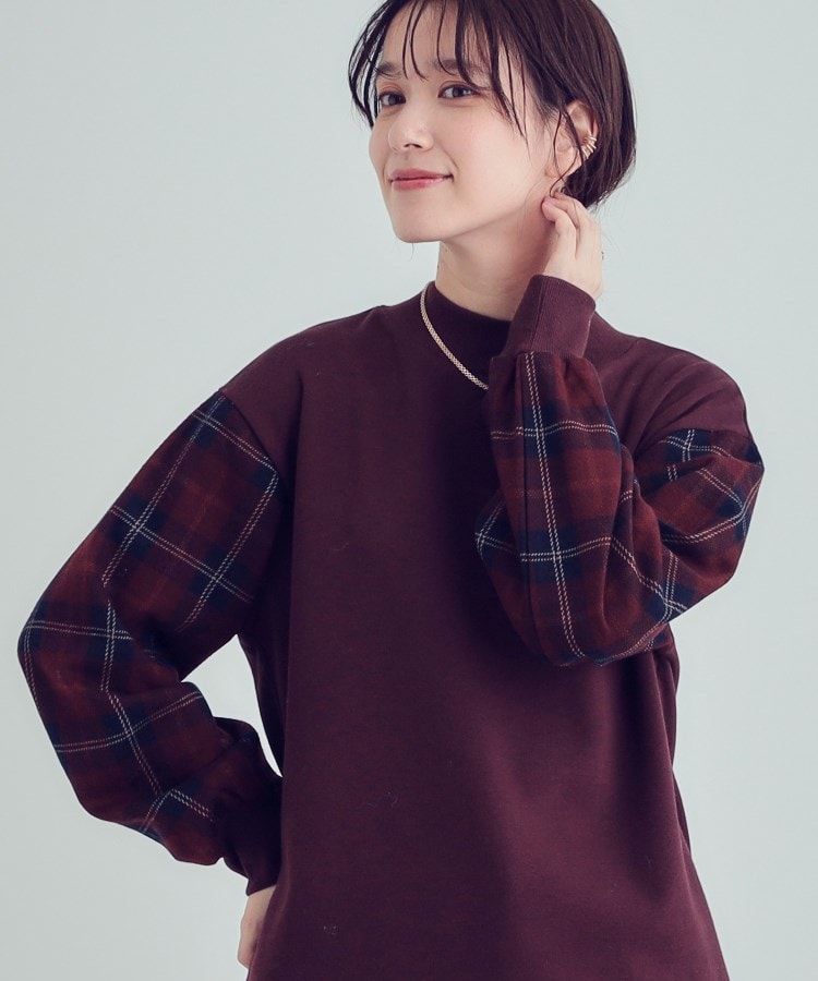 シューラルー(SHOO・LA・RUE)の【S-LL/洗える】裏起毛 お袖チェック切替トップス【SHOO WARM】 ボルドー(064)