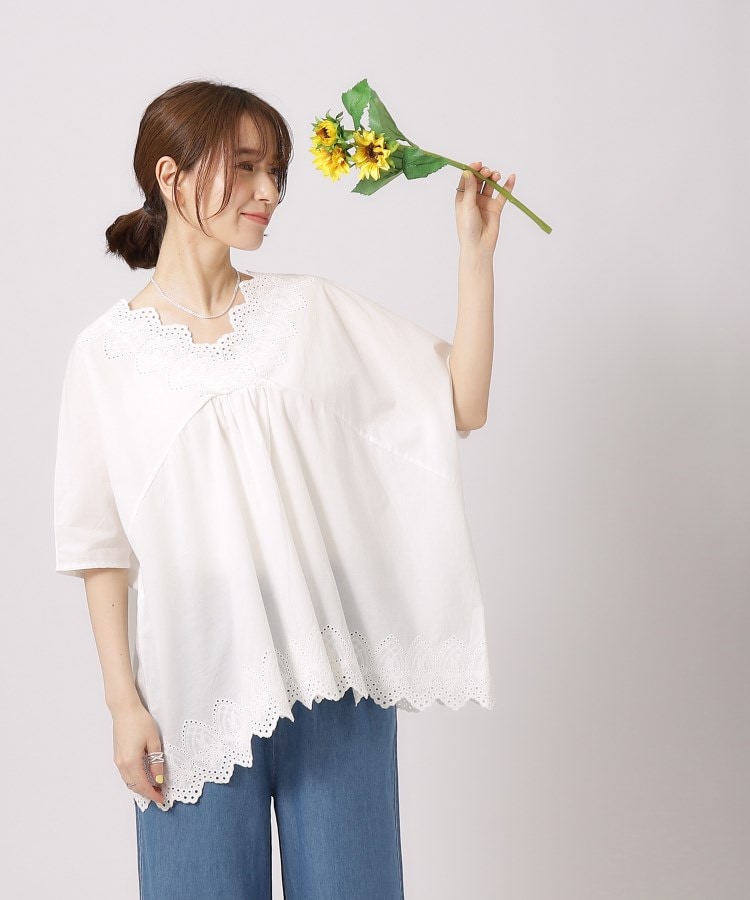 体型カバー/コットン100%】5分袖 スカラップレース刺繍ブラウス 体型カバー/コットン100%】5分袖 スカラップレース刺繍ブラウス