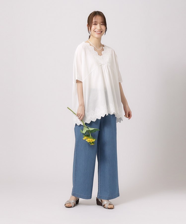 体型カバー/コットン100%】5分袖 スカラップレース刺繍ブラウス 体型カバー/コットン100%】5分袖 スカラップレース刺繍ブラウス