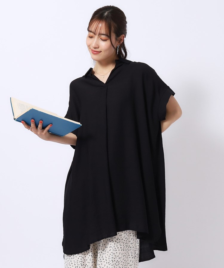 シューラルー(SHOO・LA・RUE)の【洗える/体型カバー】スキッパーシャツチュニック ブラック(019)