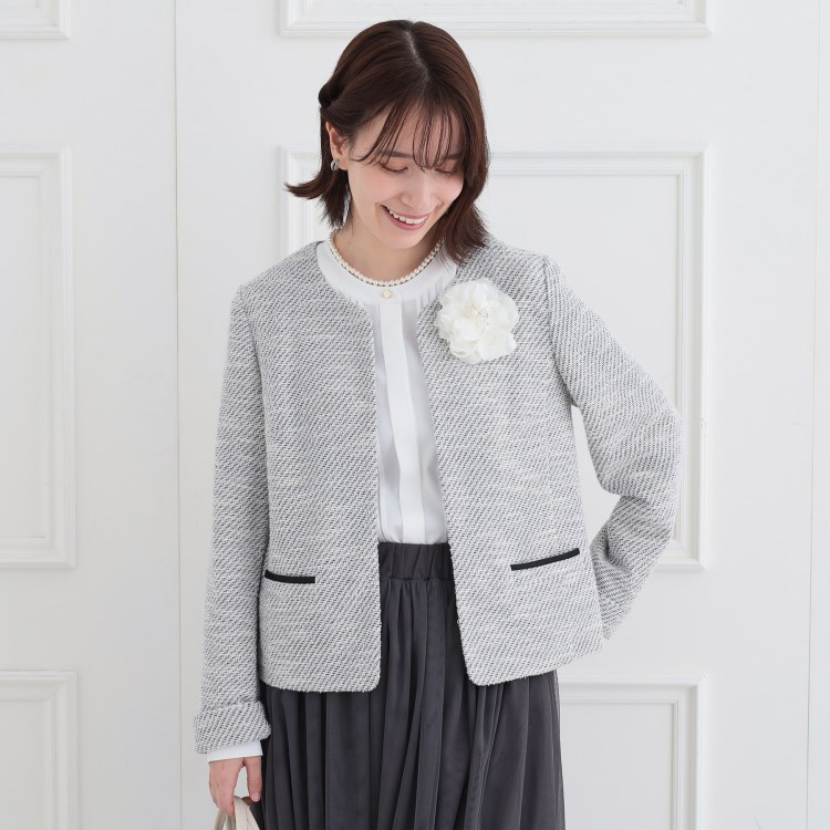 シューラルー(SHOO・LA・RUE)の【S-3L】セレモニーからデイリーにも 軽くて柔らかくて着心地の良い カットツイードジャケット ノーカラージャケット