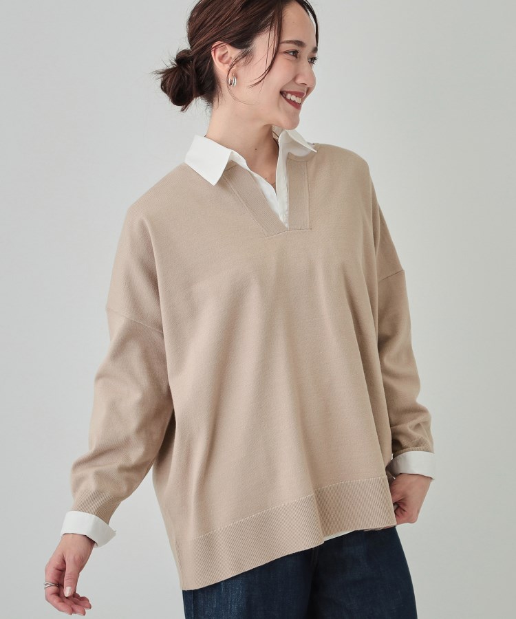 シューラルー(SHOO・LA・RUE)の【洗える】レイヤードコーデも楽しめる もちもちVネックニット ベージュ(052)