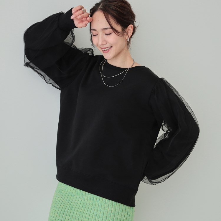 シューラルー(SHOO・LA・RUE)の【洗える/S-LL】一枚でサマ見え 裏起毛お袖チュールスウェット【SHOO WARM】 スウェット・トレーナー
