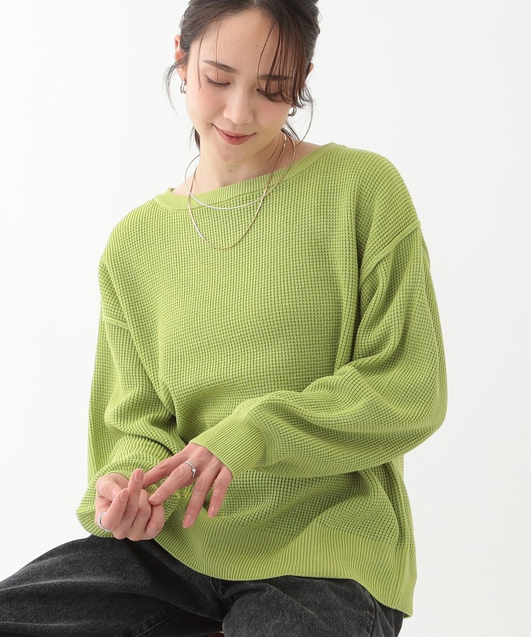 シューラルー(SHOO・LA・RUE)の【洗える/S-LL】ワッフル編みドロップショルダーニット ミントグリーン(021)