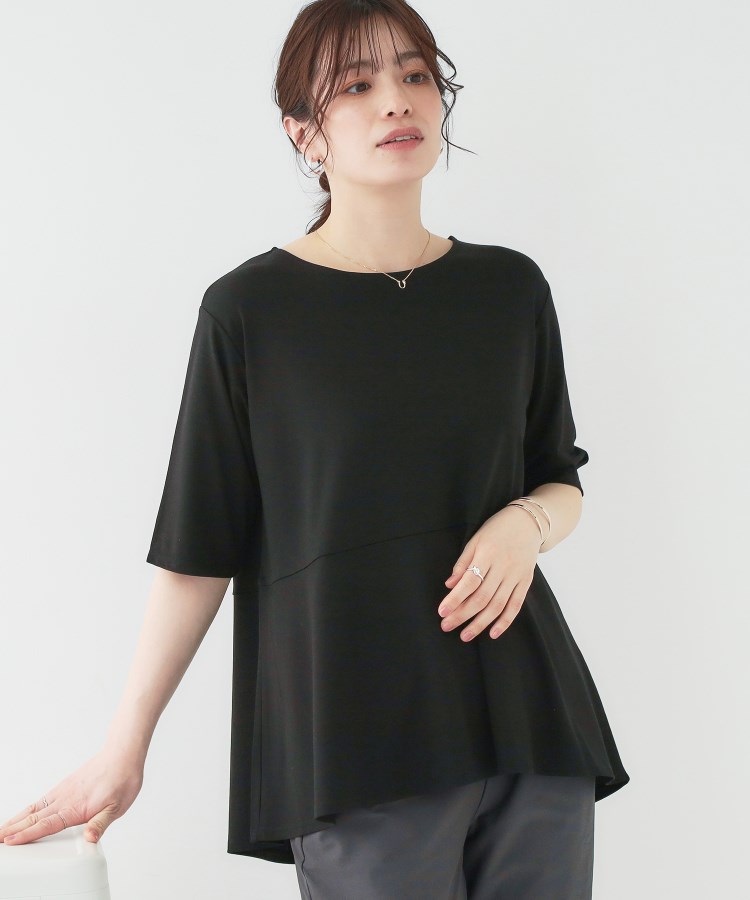 シューラルー(SHOO・LA・RUE)の【ひんやり/UV】インせず着られる とろみペプラム5分袖トップス ブラック(019)
