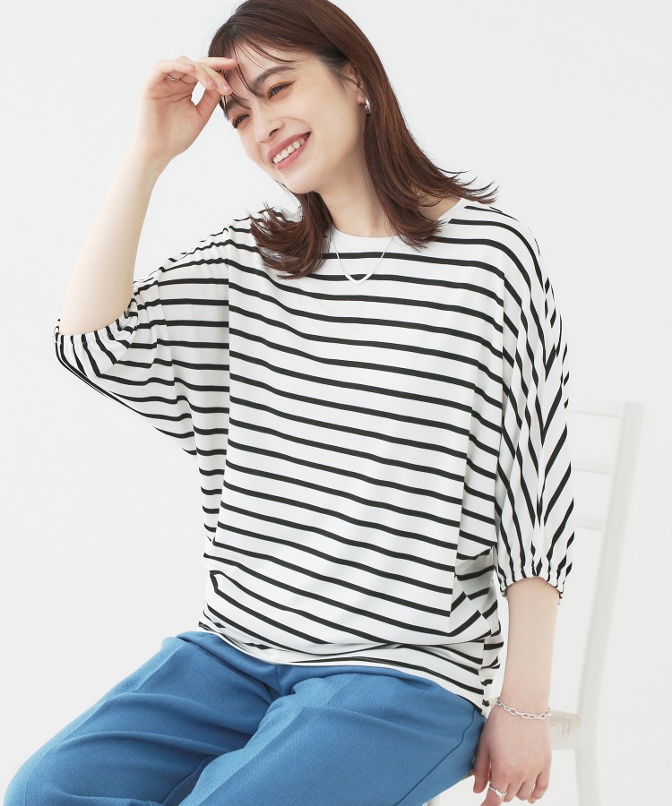 シューラルー(SHOO・LA・RUE)の【接触冷感/UV/二の腕カバー】肘まで隠れるとろみドルマン5分袖トップス ブラック(319)