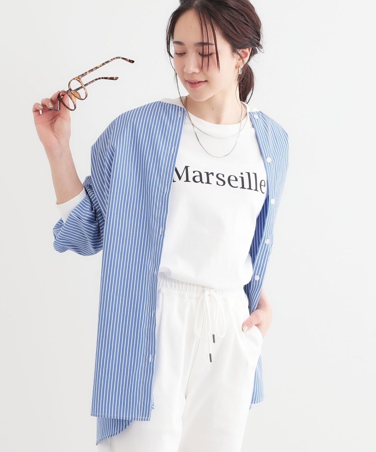 シューラルー(SHOO・LA・RUE)の【洗える/S-LL】リブでこなれ感 ゆるっと着られる ロングシャツ ブルー(392)
