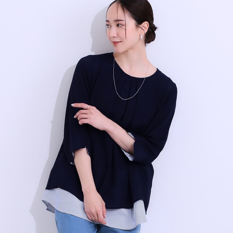 シューラルー(SHOO・LA・RUE)の【洗える/S-LL】一枚でサマ見え お袖折り返し 裾レイヤードトップス カットソー