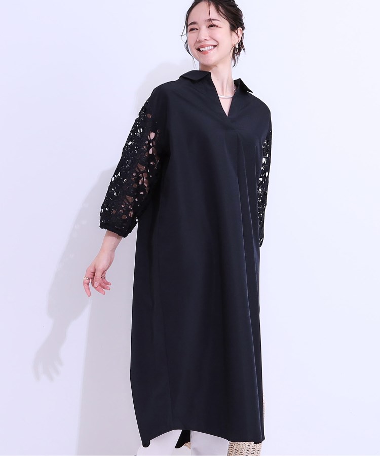 シューラルー(SHOO・LA・RUE)の袖レースが上品なシャツワンピース ネイビー(094)