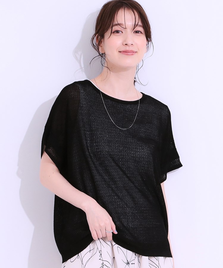 シューラルー(SHOO・LA・RUE)の涼やかに楽に決まる タンクトップつき編み柄ニットセット ブラック(019)