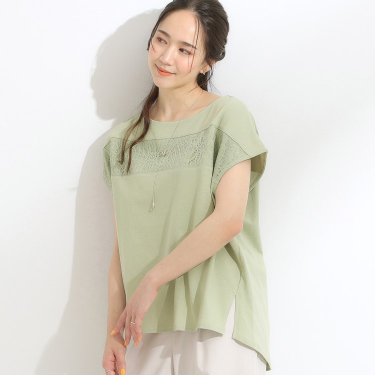 シューラルー(SHOO・LA・RUE)の【洗える/S-LL】レース使いが華やか フレンチスリーブコットンTシャツ カットソー