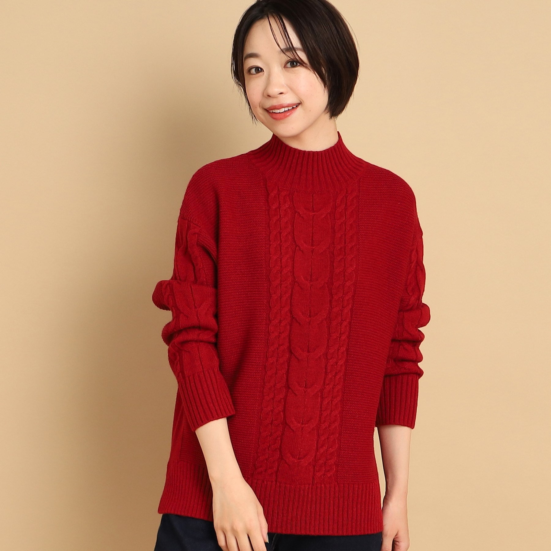 デッサン(レディース)(Dessin(Ladies))の【洗える】ケーブルモックネックニット（XS～L） レッド(062)