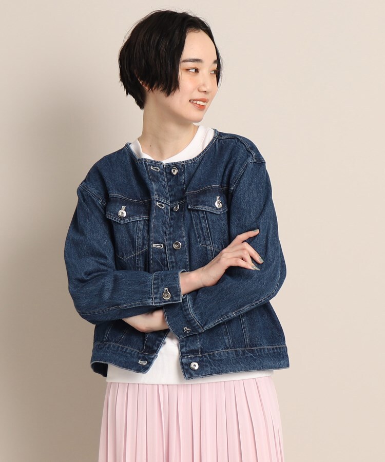 クルーネックデニムジャケット<S~L>(ノーカラージャケット