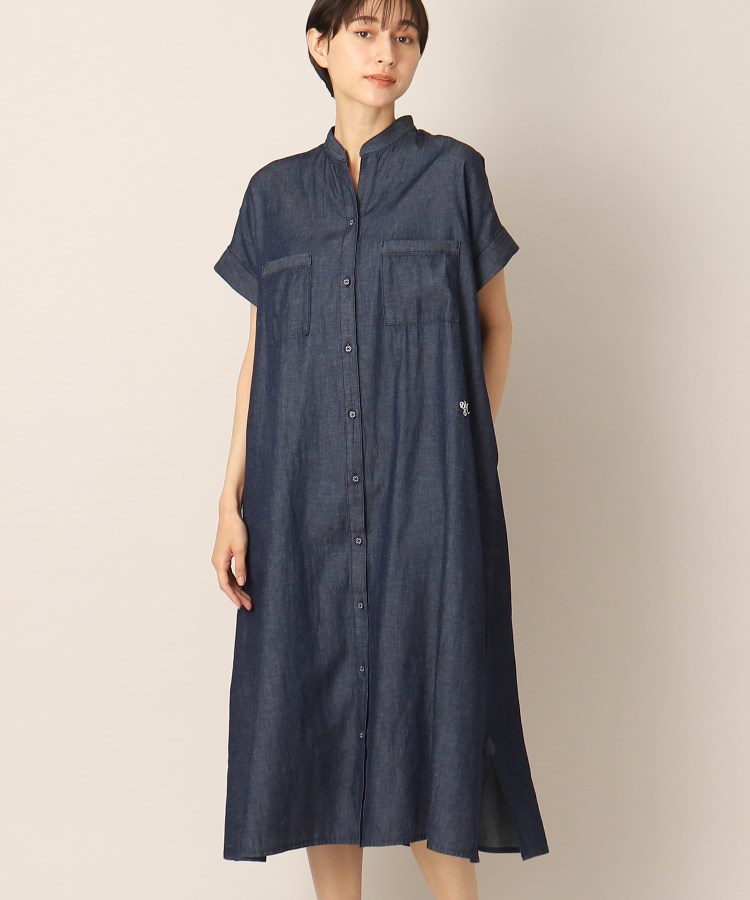 デッサン(レディース)(Dessin(Ladies))のバンドカラーデニム調ワンピース（S～L） ネイビー(094)