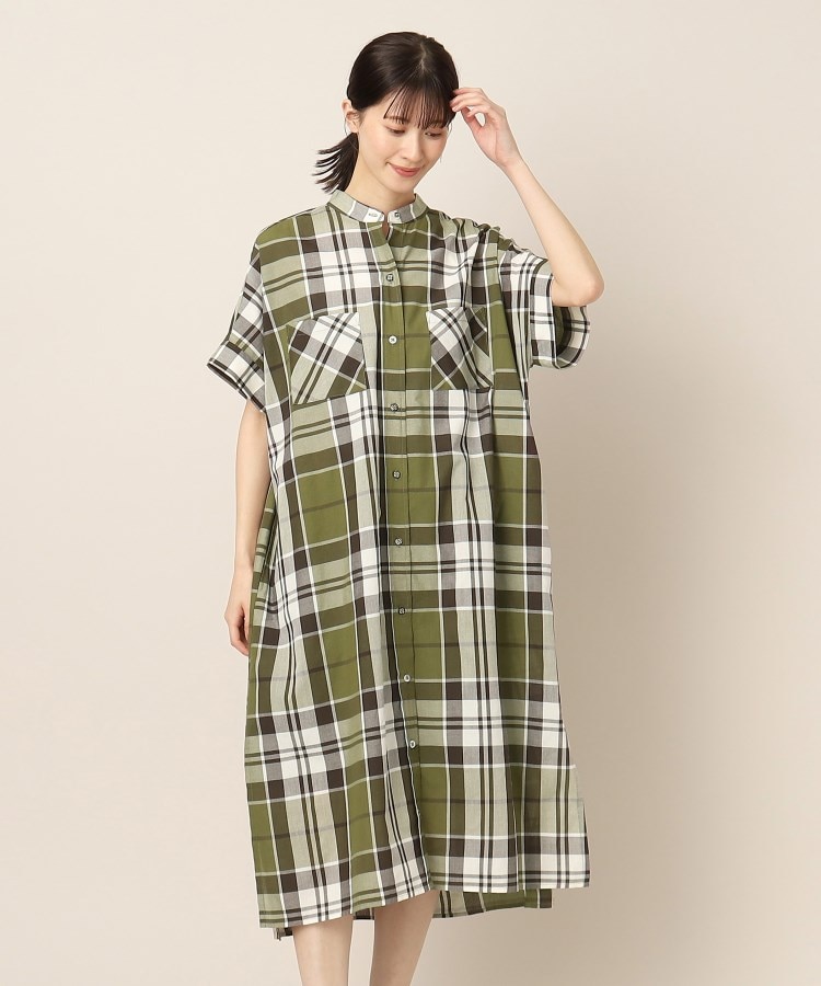 デッサン(レディース)(Dessin(Ladies))のアソート柄ロングシャツワンピース オリーブグリーン(226)