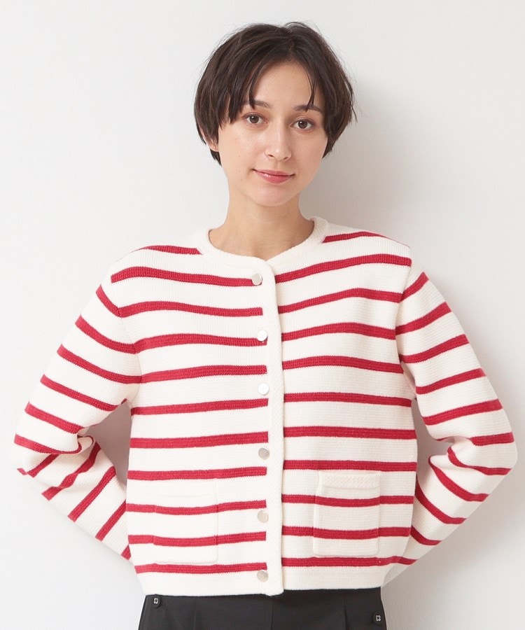 デッサン(レディース)(Dessin(Ladies))の【洗える】ゴールドボタン付きボーダーカーディガン レッド(363)