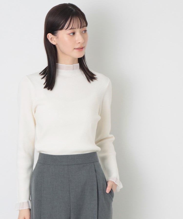 デッサン(レディース)(Dessin(Ladies))の【洗える】シースルーフリルネックリブニット1