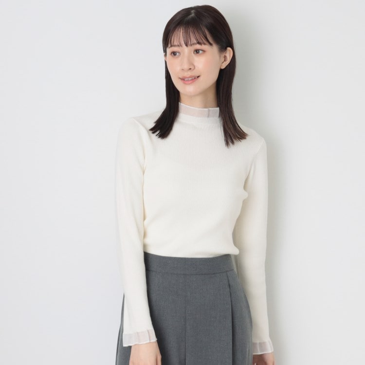 デッサン(レディース)(Dessin(Ladies))の【洗える】シースルーフリルネックリブニット ニット/セーター