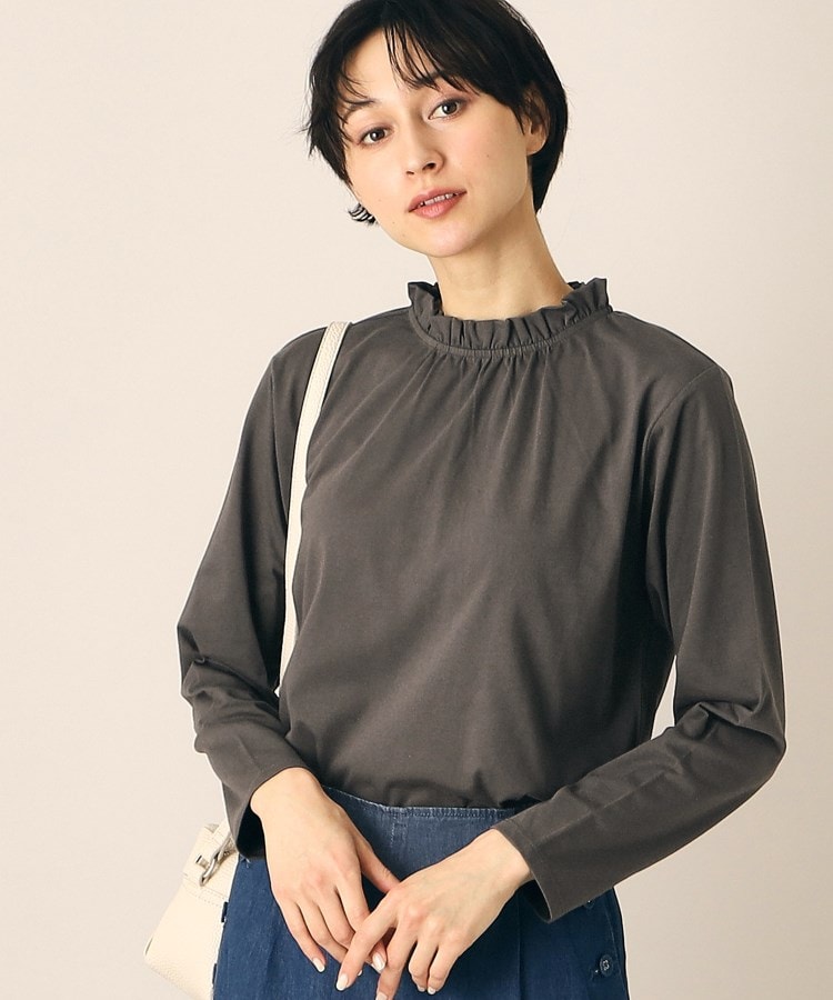 デッサン(レディース)(Dessin(Ladies))の【洗える】ネックフリルロングスリーブTシャツ（XS～L） チャコールグレー(014)