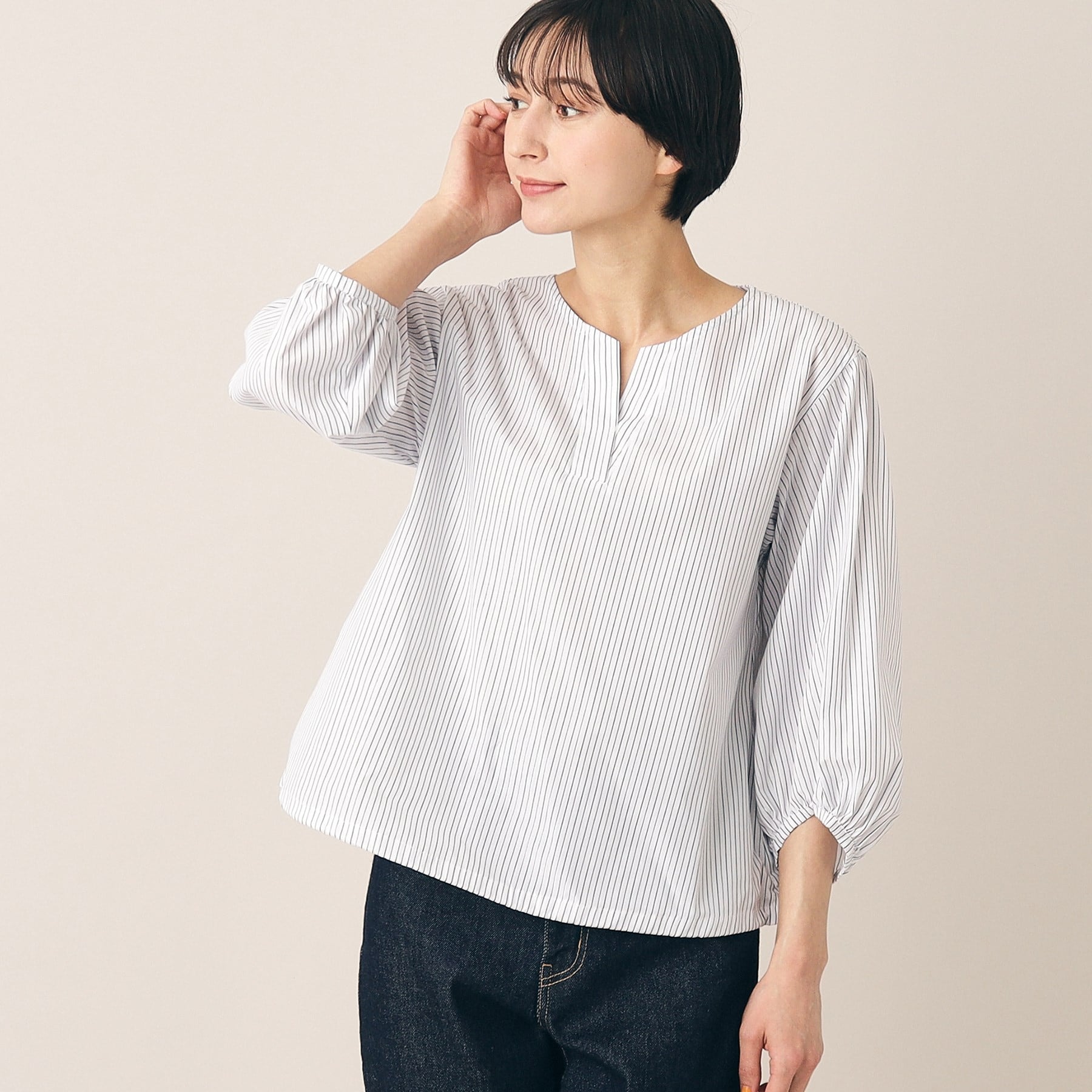 デッサン(レディース)(Dessin(Ladies))の【洗える】ドローコード付きスキッパーブラウス（XS～L） ホワイト(501)