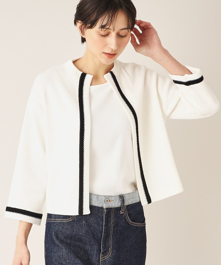 デッサン(レディース)(Dessin(Ladies))の【洗える】ライン入りクルーネックカーデ ホワイト(001)